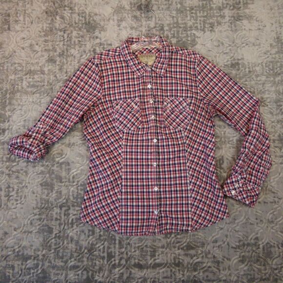 Guess Shirt Womens Extra Large Red Blue Western Core Roll Tab Sleeves Button - Picture 1 of 13